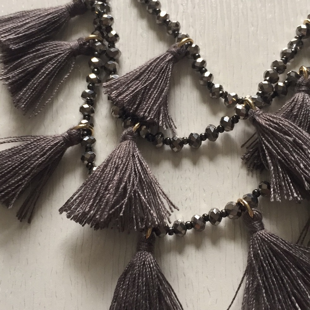Layered gunmetal chain bead gray tassel necklace - Picture 3 of 3
